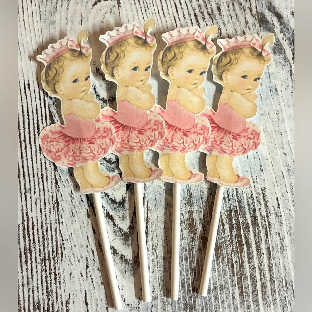 Vintage Baby Girl baby shower cupcake toppers Shabby Chic Pink Tutu party 12pcs